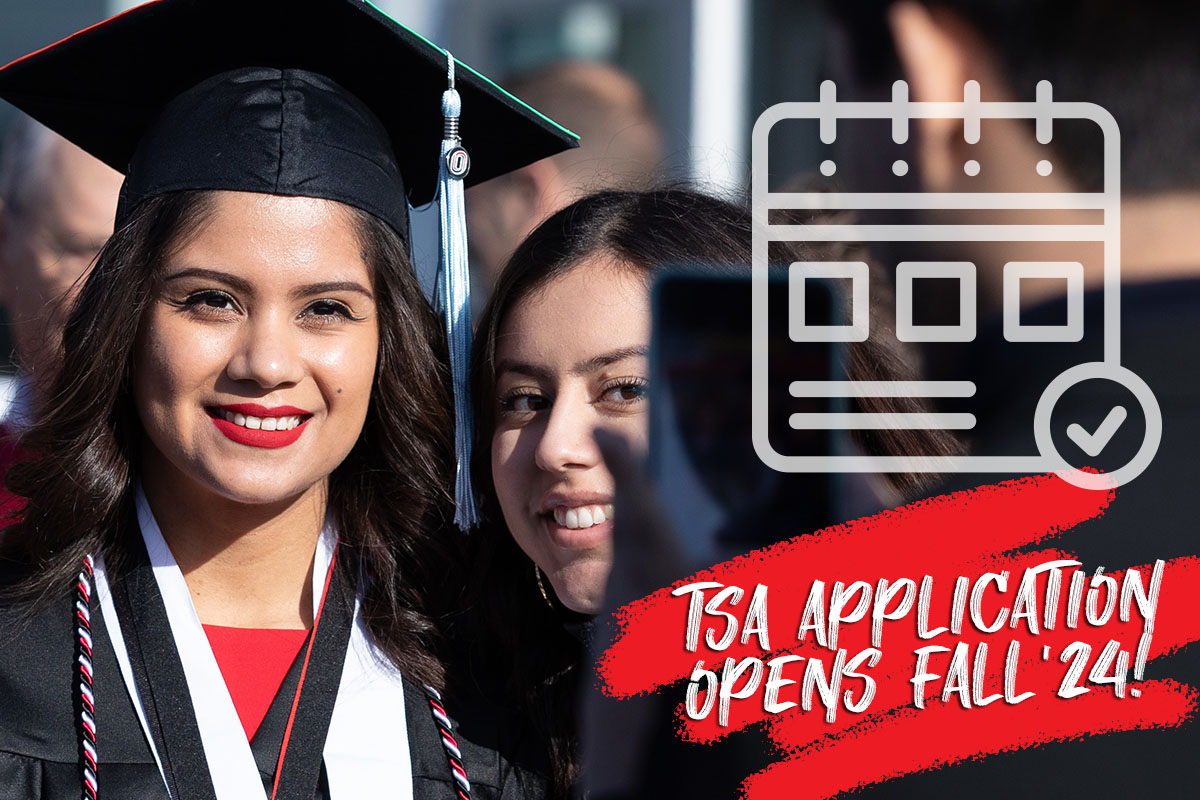 A new graduate stands with a family member, they get their picture taken. Text on the image states: TSA Application Opens Fall '24 