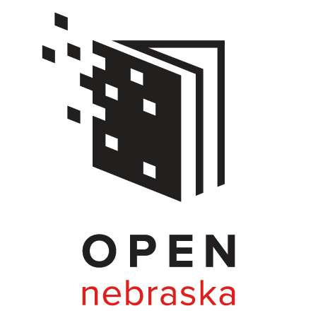 Open Nebraska logo for the University of Nebraska at Omaha. Features an open book with one side of the book with pixels. Below is "Open Nebraska".