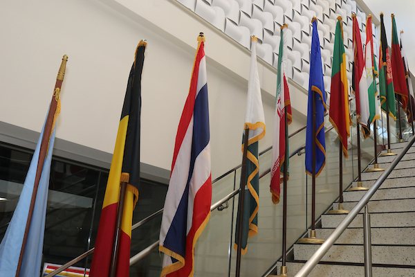 flags along the staircase at mbsc