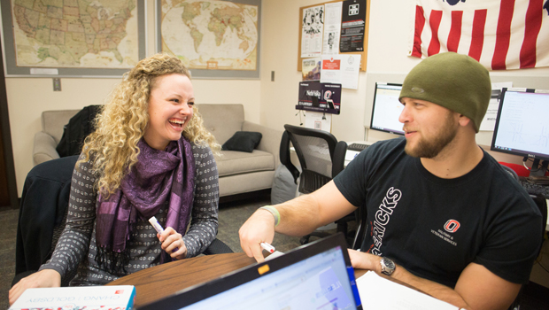 Army veteran Jenna Matlock and Navy veteran Kevin Sefcovic study in the Office of Military and Veteran Services. Both are math tutors for fellow military-affiliated students.