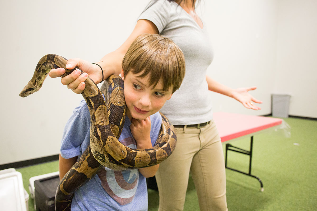 A child stands with a snake around his neck