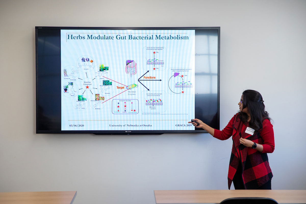 A student presents her work during an oral presentation at the 2020 Student Research and Creative Activity Fair