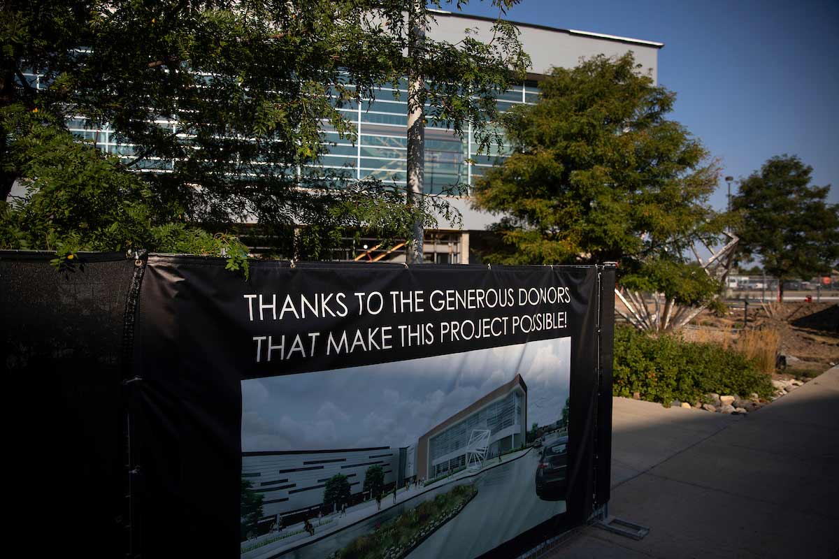 A view of a donor appreciation sign posted outside of Mammel Hall's expansion space.