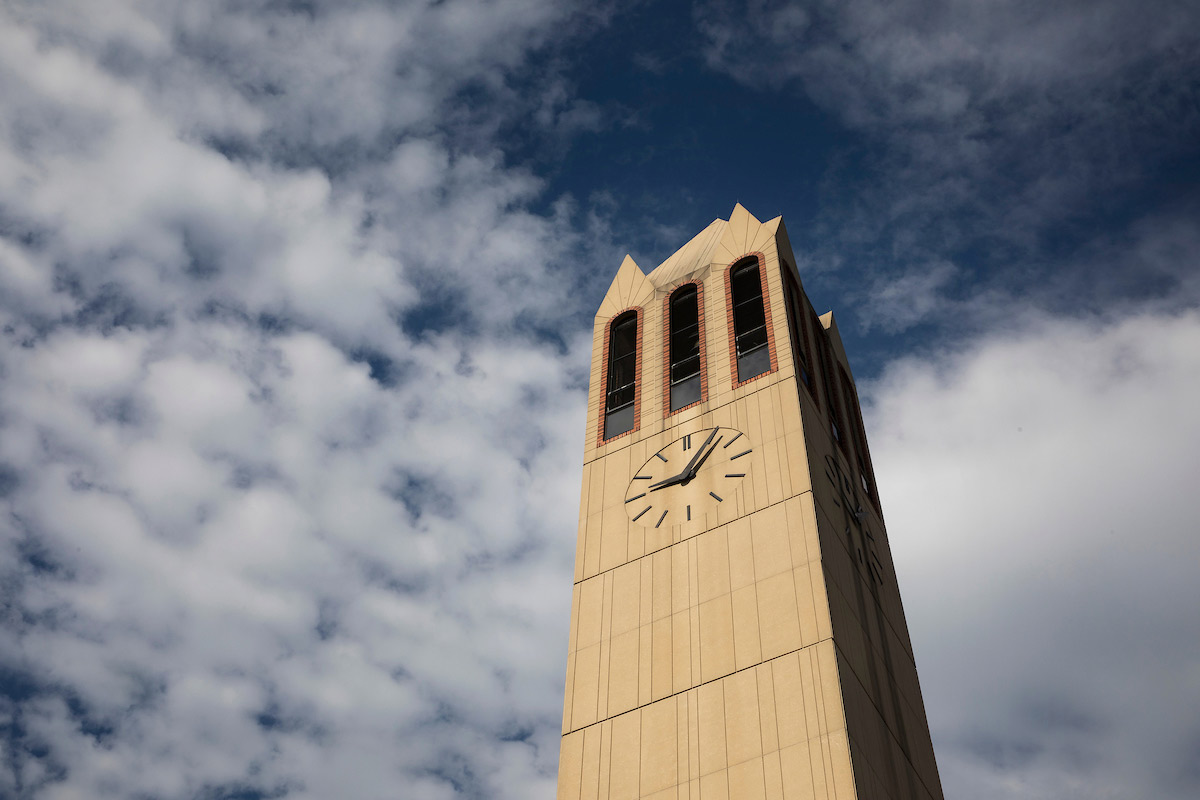 UNO Campanile with clouds behind it