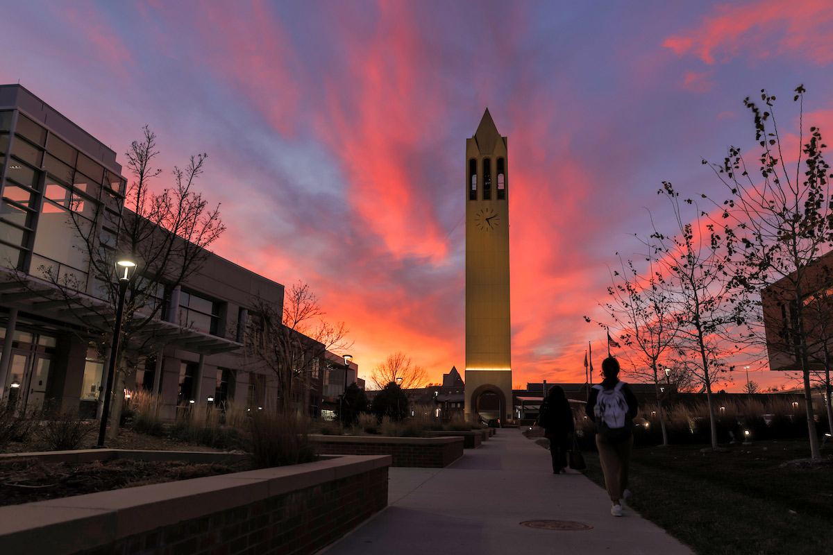 Dodge Campus at sunset, campanile in frame.