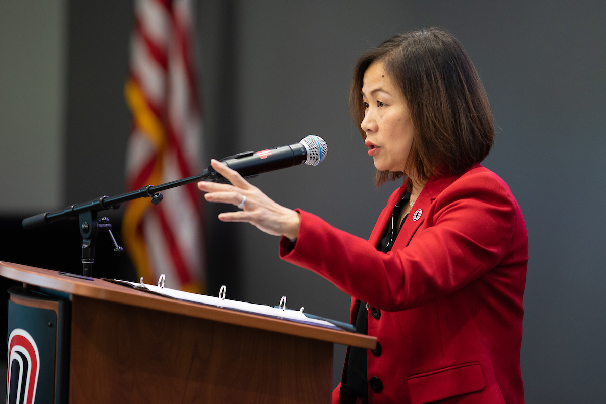 UNO Chancellor Joanne Li, Ph.D., CFA, speaks at the Future of Work Symposium Series at UNO.