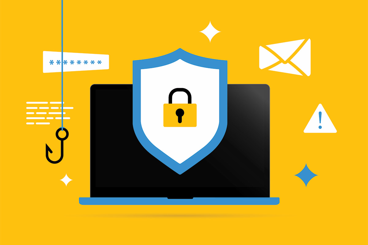 Graphic of a laptop and items associated with cybersecurity like passwords.