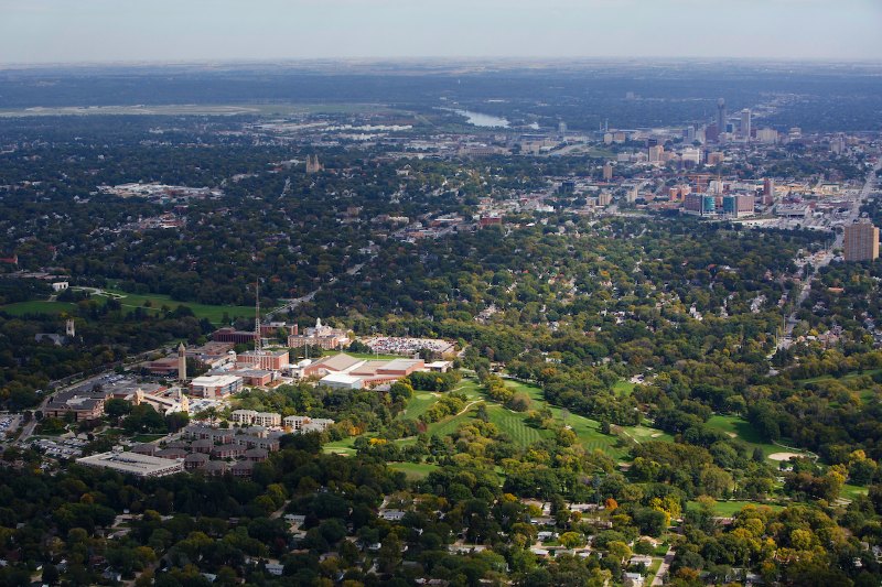 Arial shot of Omaha and UNO