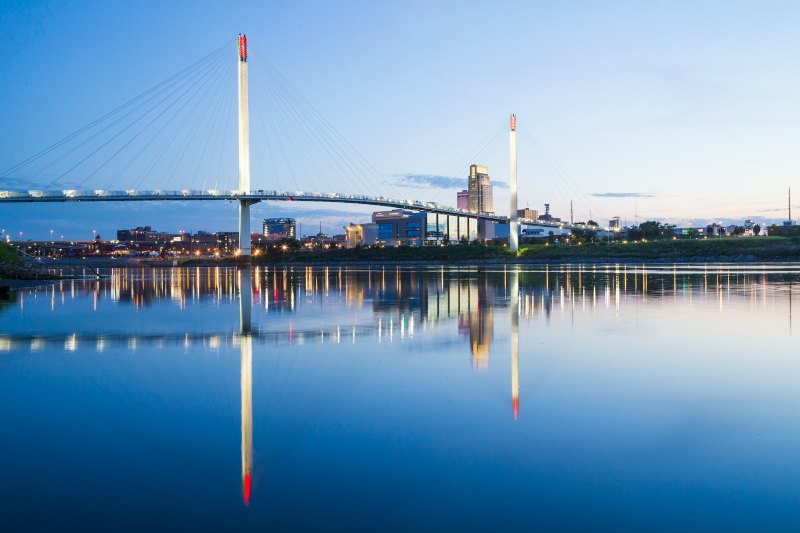 A night-time view of the Bob Kerrey pedestrian bridge