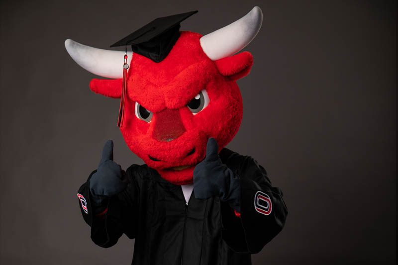 Durango in a graduation cap and gown