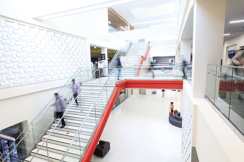 staircase in milo bail student center