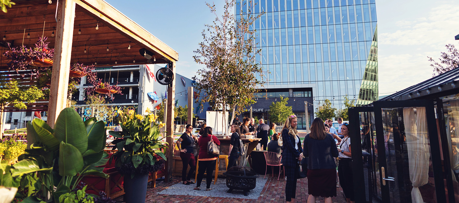 Students gather at an outdoor rooftop restaurant in downtown Omaha.