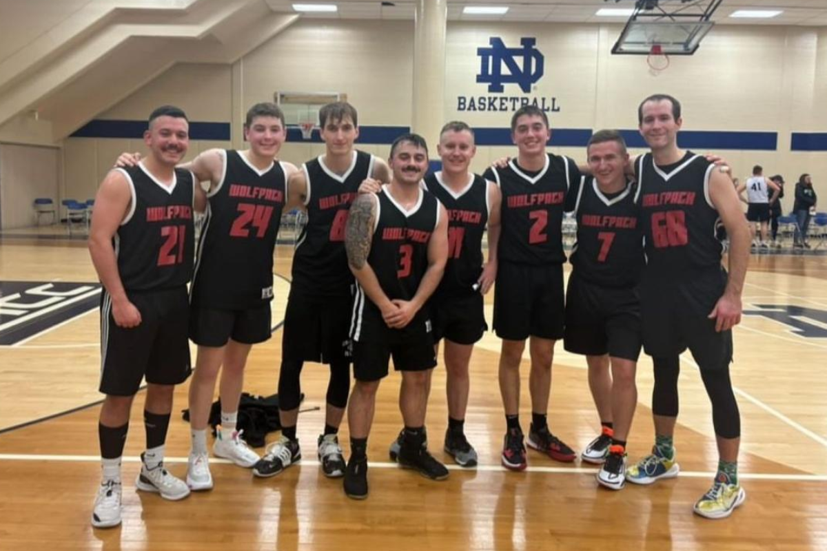 Detachment 470's Basketball team group photo on the basketball court at University of Norte Dame