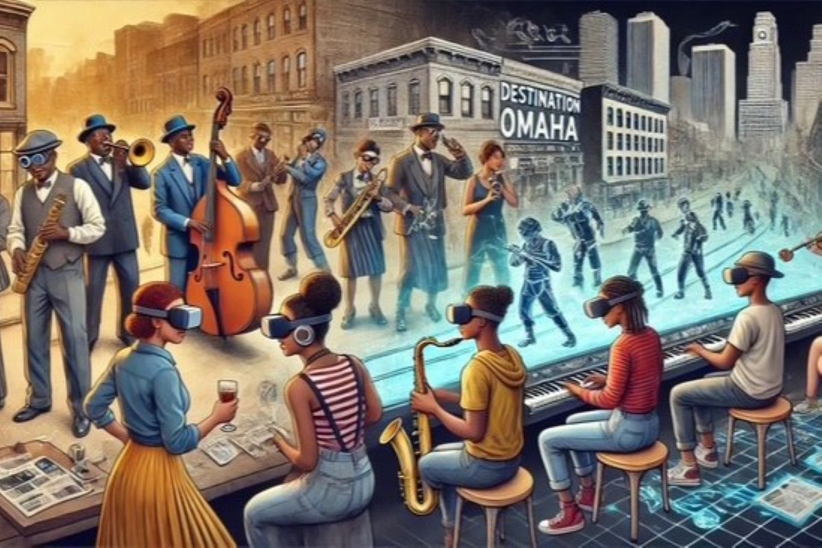 AI-generated image blending past and future, showing a lively jazz scene on the left with musicians in vintage clothing playing instruments on a city street. On the right, a futuristic scene features young people wearing virtual reality headsets, playing instruments like keyboards and saxophones. A glowing digital divide separates the two worlds, transitioning from sepia tones to neon blue. A sign reads "Destination Omaha," tying the historical and modern elements to the city.