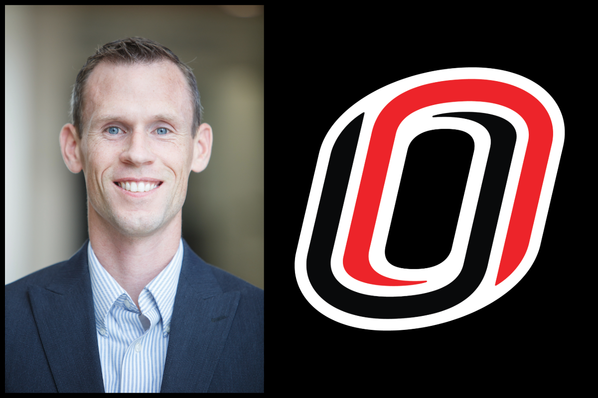 Brent Clark Headshot Photo on the left side. UNO campus icon in color on a black background on the right side.