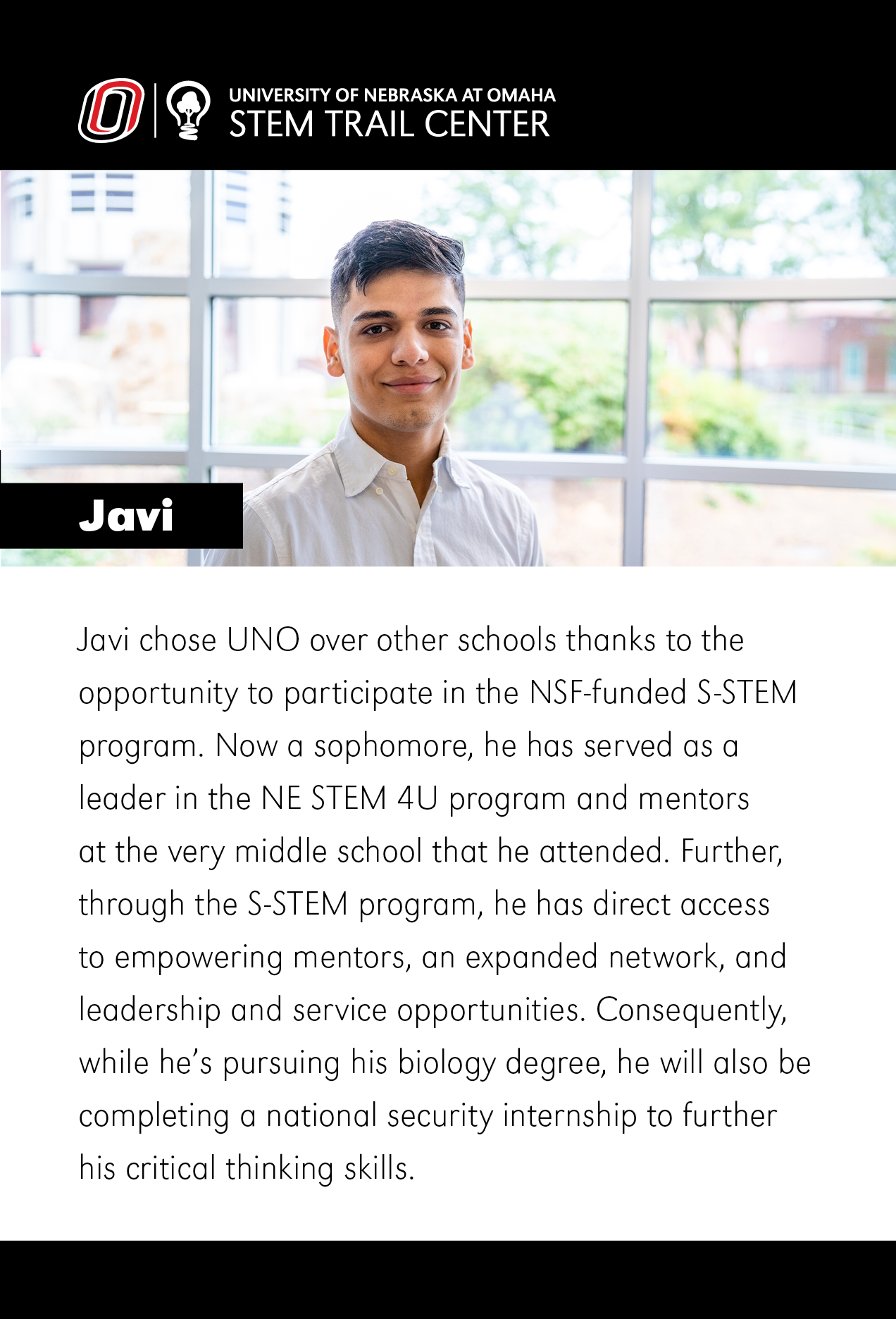 A image with the STC logo in white over a black bar at the top, with a photo of Javi who is wearing a white shirt and standing in front of a winder. The bottom of the image includes text with Javi's Story