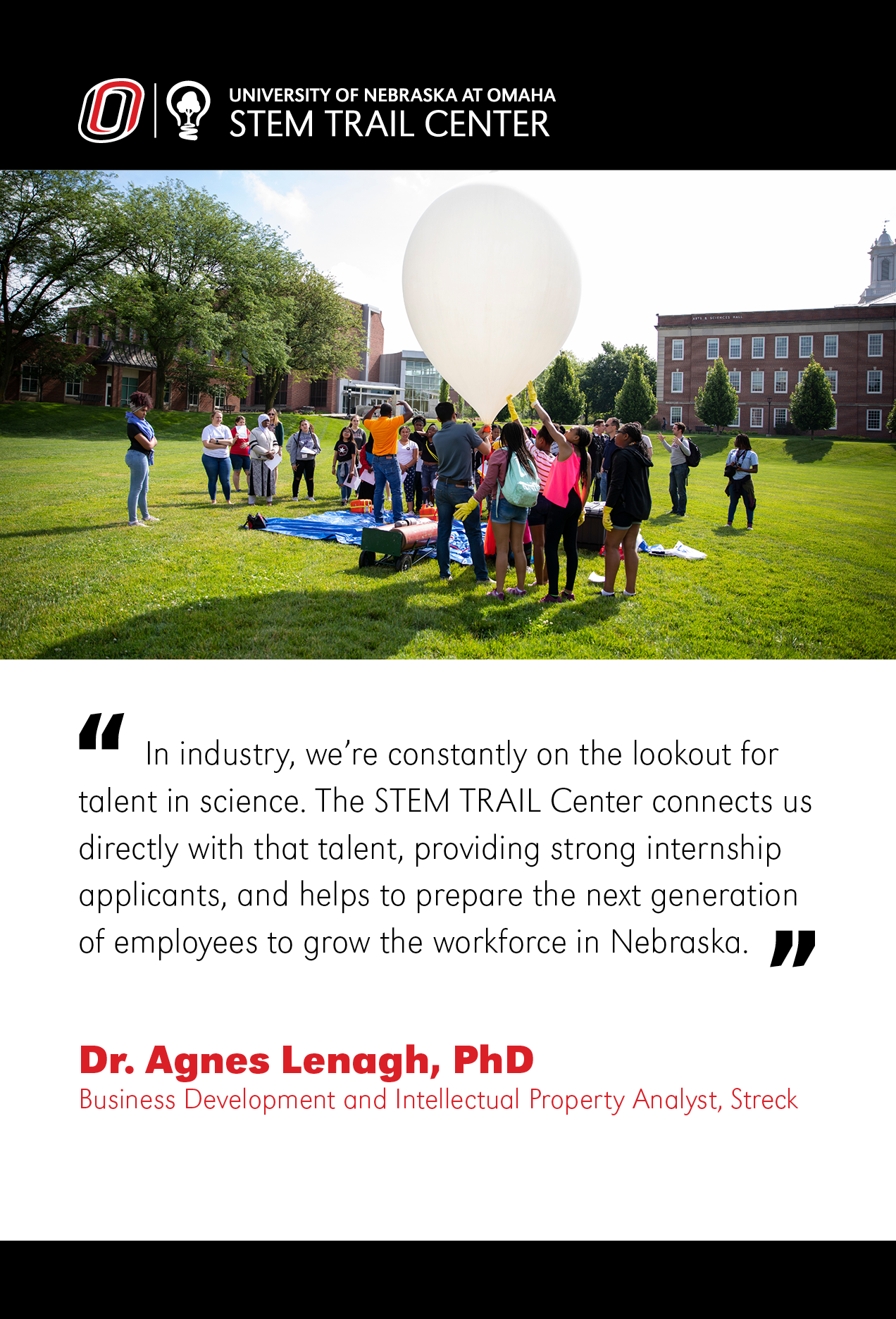 An image of students holding a large weather balloon. A quote from Dr. Agnes Lenagh