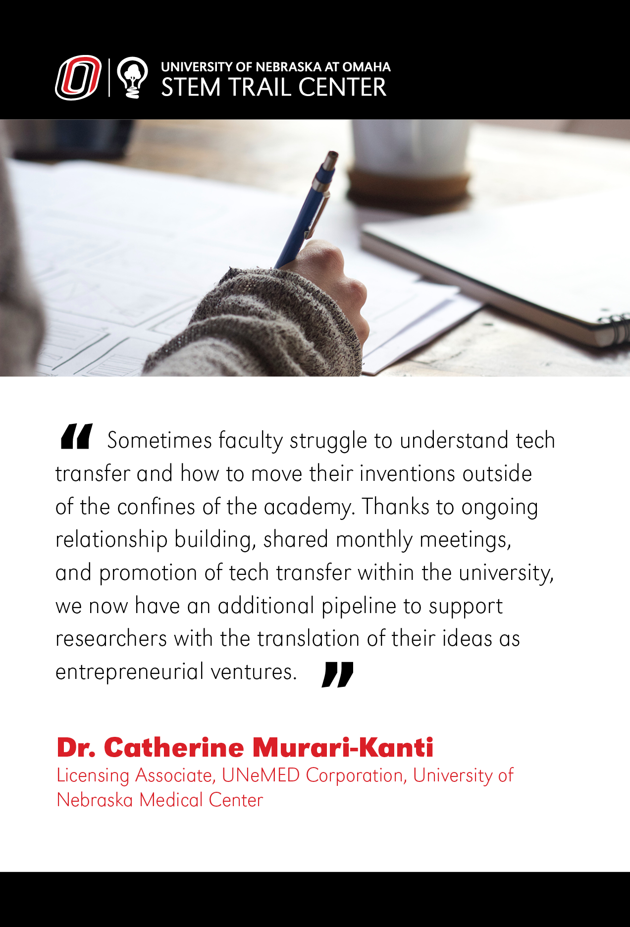Image of a hand writing on paper. A quote from Dr. Catherine Muraru-Kanti