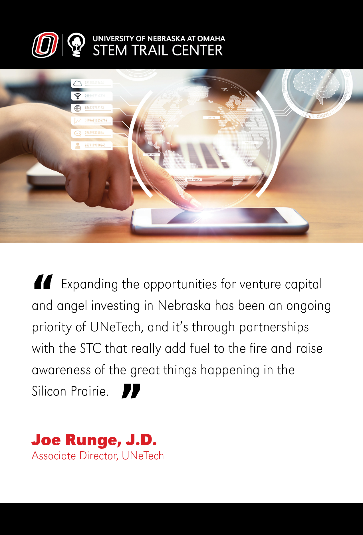 An image of a phone with a see through white globe above it. A quote from Joe Runge