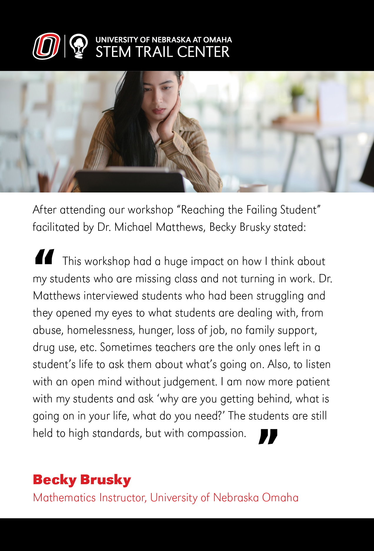 A generic stock image of a women looking at a computer. A quote from Beck brusky