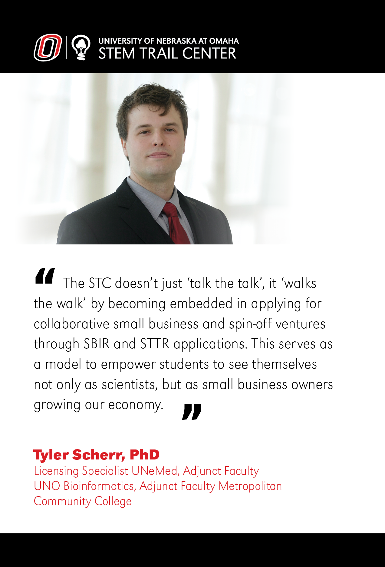 An image of the STC logo with a photo of Tyler Scherr who is wearing a suit. The bottom half of the image is his quote in black font.