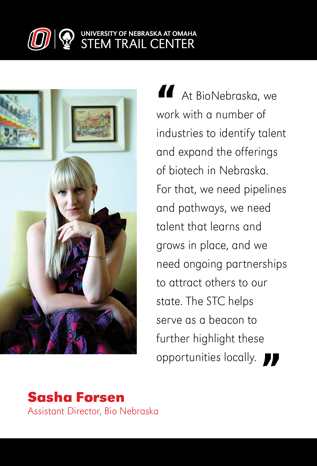 An image of the STC logo with a photo of Sasha Forsen who is sitting in a pink and purple dress in a living room. half of the image is her quote in black text.