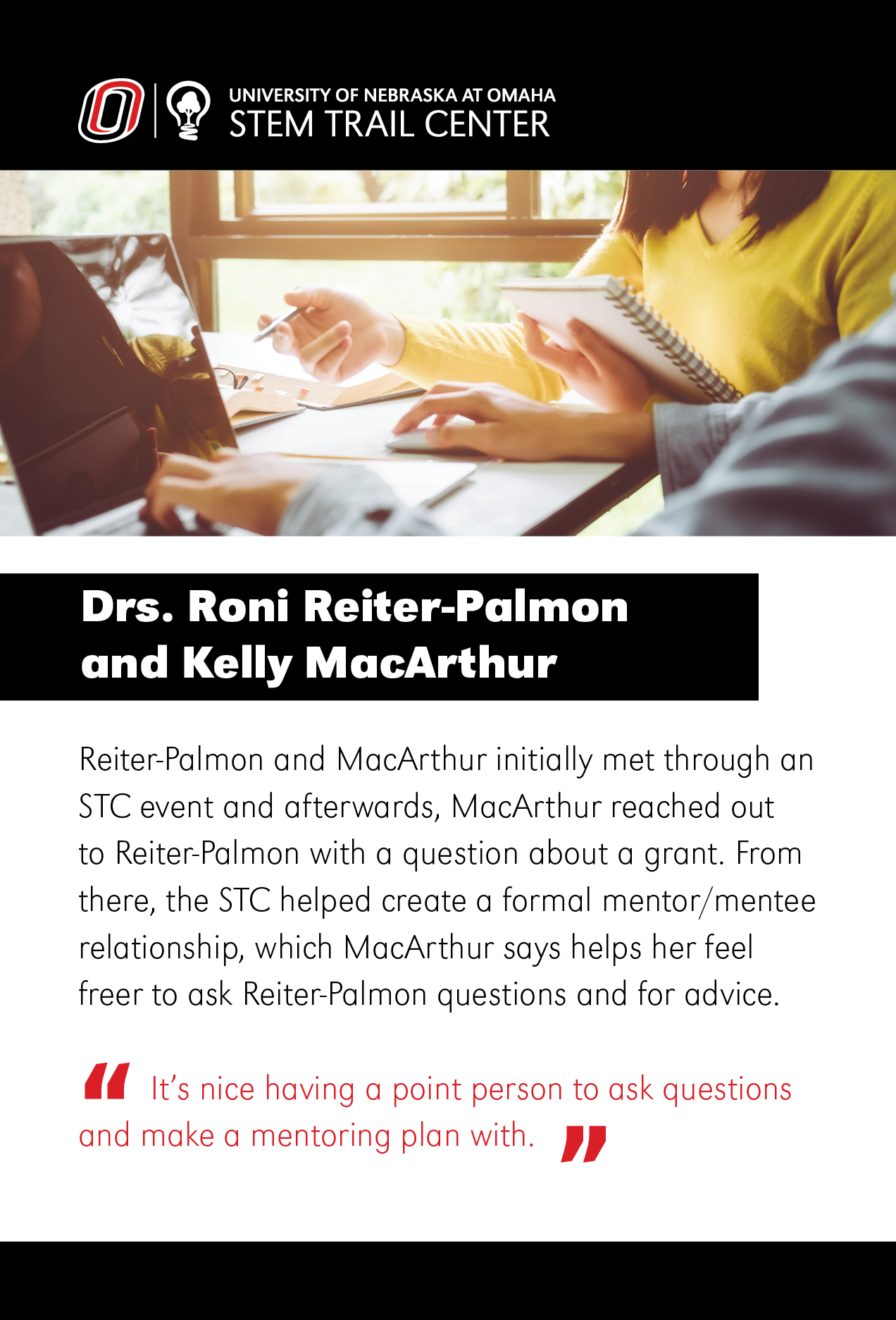 A generic image of 2 people at a computer. A quote from Drs. Roni Reiter-Palmon and Kelly Macarthur