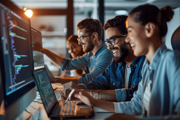 A group of young professionals work together on coding projects in a modern office. They are smiling and engaged, with multiple computer screens displaying lines of code.