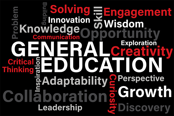 A word cloud with the largest words being "General Education," surrounded by terms like collaboration, creativity, growth, knowledge, and critical thinking in white, red, and gray on a black background.