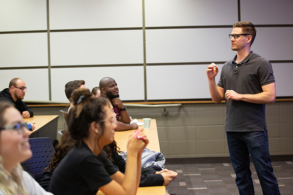 Dr. Justin Nix teaches a class on police and society as part of the School of Criminology and Criminal Justice in the College of Public Administration and Community Service at the University of Nebraska at Omaha in Omaha, Nebraska