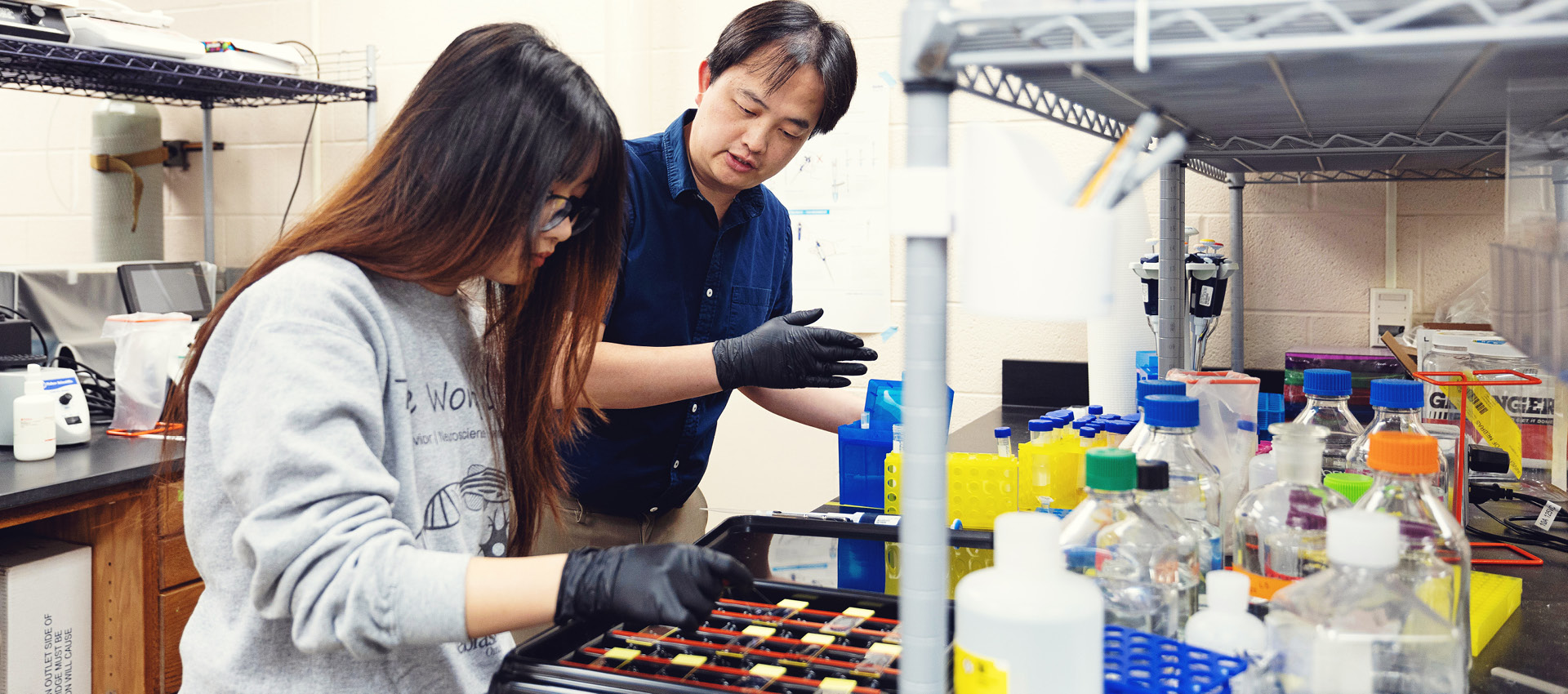 An instructor is assisting a student in a research lab.