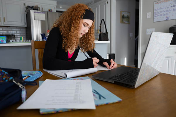 A student uses a laptop at a home desk for an online class
