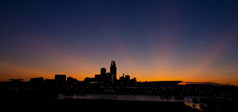 Omaha skyline at sunset facing west
