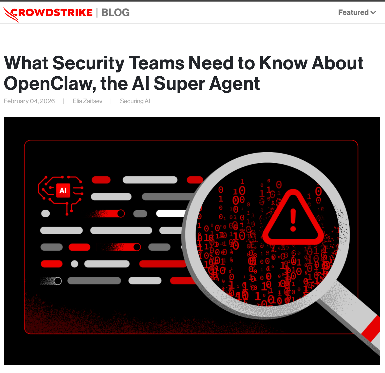 CrowdStrike blog hero image: a magnifying glass revealing a red warning triangle over binary code, illustrating AI security risks.