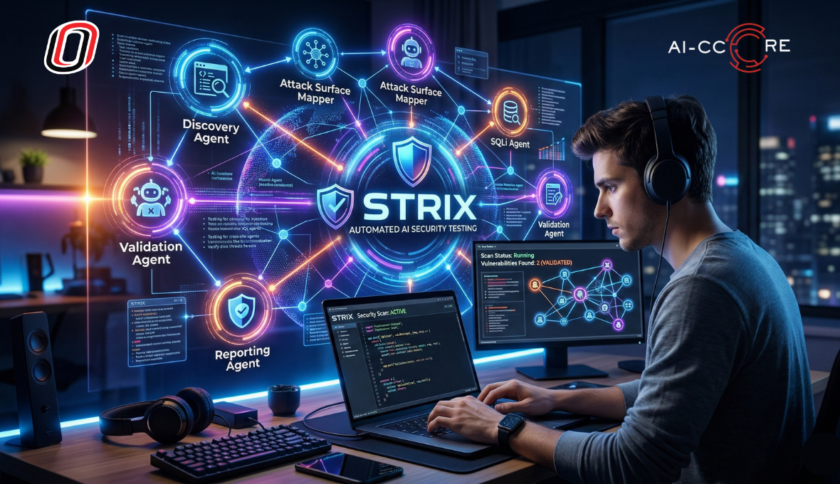 `Developer at laptop surrounded by a holographic diagram of STRIX's five AI security testing agents: Discovery, Attack Surface Mapper, SQLi, Validation, and Reporting.`