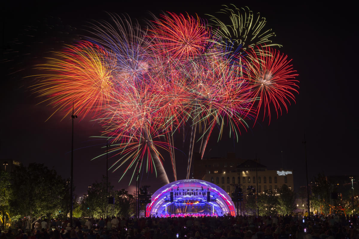 Fireworks at the Gene Leahy Mall Performance Pavilion.