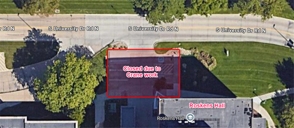 diagram of lot closure north of Roskens Hall for crane work