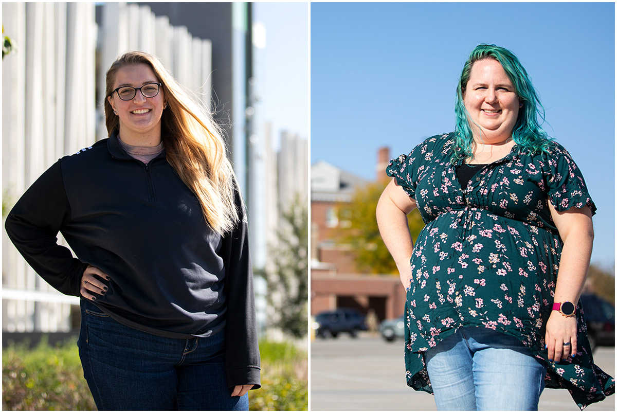 UNO students Jen Dailey and Sarah Brumfield pose for photos outside the Pacific Street Parking Garage and East Parking Garage, respectively.