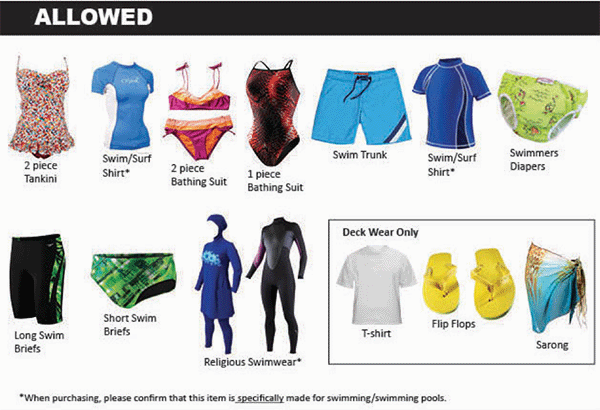 collage of examples of appropriate swimwear in the UNO pool.