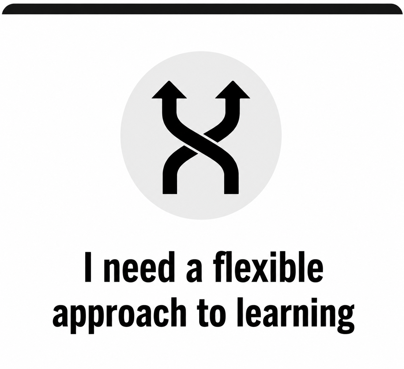 Icon of an upward-trending flexible arrows inside a light gray circle above the text, “I need a flexible approach to learning,” on a white card with a black header, representing the need for flexible learning options.