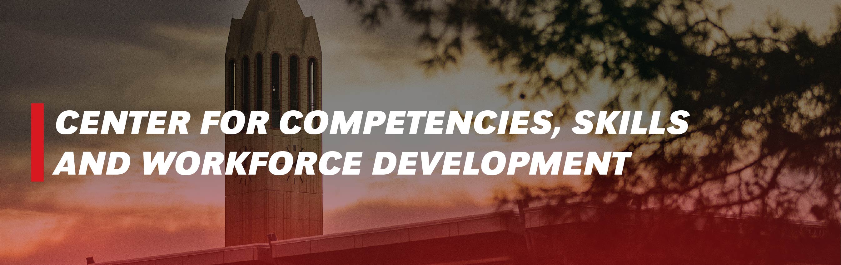 UNO bell tower at sunset with the text “ Center for Competencies, Skills and Workforce Development” overlaid in bold white font.