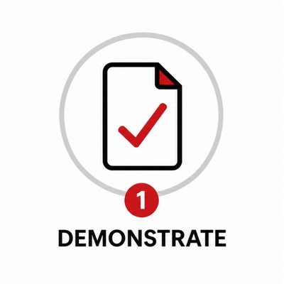 Icon of a document with a red checkmark inside a gray circle, with a red notification badge showing “1” below it. The word “DEMONSTRATE” appears underneath in bold text.