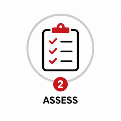 Icon of a clipboard with three red checkmarks on a checklist inside a gray circle, with a red notification badge showing “2” below it. The word “ASSESS” appears underneath in bold text.