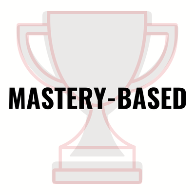 Bold black text reading “MASTERY-BASED” over a pale pink and gray line-art trophy icon.