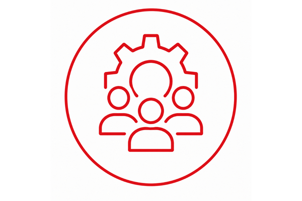 Red line-art icon depicting three people in front of a gear inside a circular outline, symbolizing collaboration, workforce development, innovation, and organizational problem-solving.