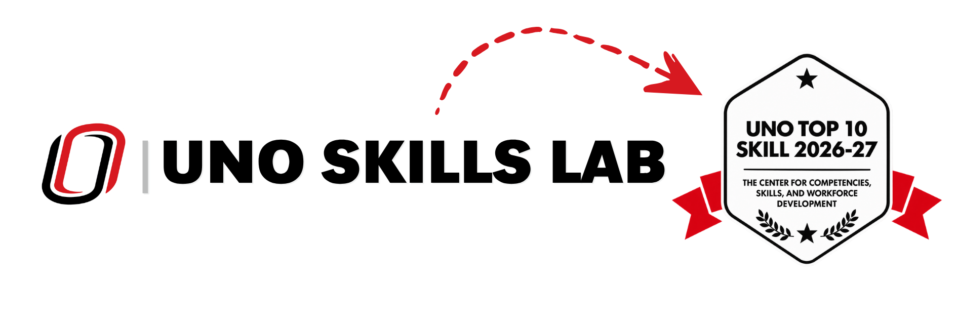 UNO Skills Lab logo with the UNO “O” icon and bold text, accompanied by a badge reading “UNO Top 10 Skill 2025–26” from the Center for Competencies, Skills, and Workforce Development, highlighted by a red arrow.