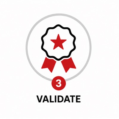 Icon of an award ribbon with a red star in the center inside a gray circle, with a red notification badge showing “3” below it. The word “VALIDATE” appears underneath in bold text.