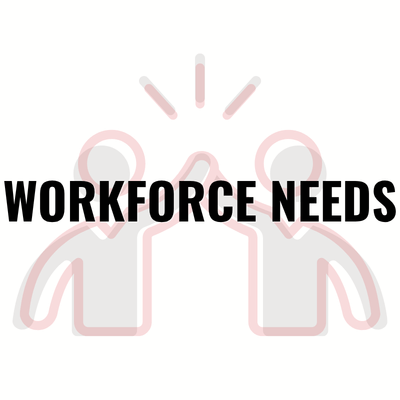 Bold black text reading “WORKFORCE NEEDS” over a pale pink and gray line-art illustration of three people with alert marks above them.