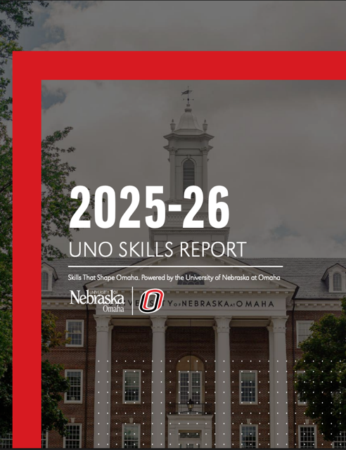 Cover image of the “2025–26 UNO Skills Report” featuring a University of Nebraska at Omaha campus building with columns and a central tower. A bold red graphic frame overlays the top and left edges. White text reads “2025–26 UNO Skills Report” with the tagline “Skills That Shape Omaha. Powered by the University of Nebraska at Omaha,” alongside UNO branding and logos.