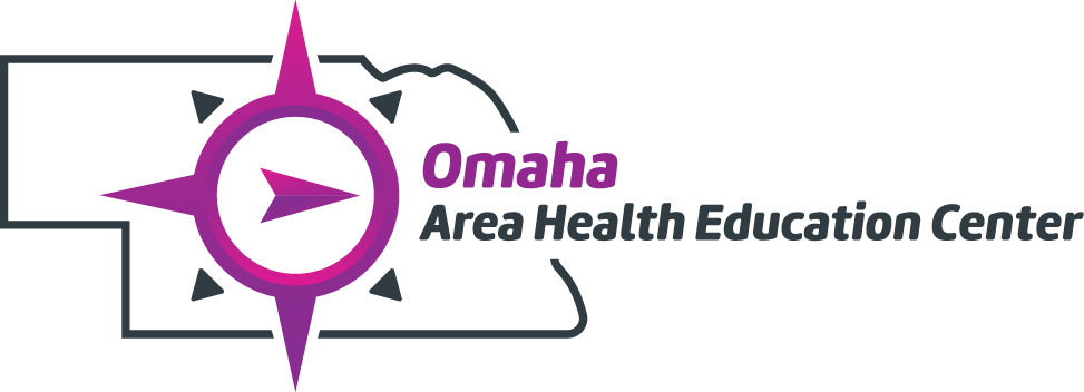 Omaha Area Health Education Center logo featuring a purple compass over the state of Nebraska.